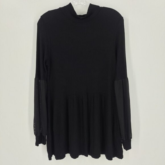 GYFT Sz L Tunic Top Sheer Sleeve Ribbed Knit Mock Neck Black Mini Dress Casual - Picture 3 of 11